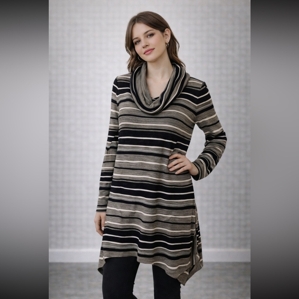 Cable & Gauge Cowl Neck Tunic Top Neutral Stripes With Shark-bite Hem SZ Large